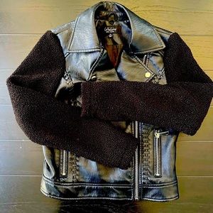 Black Faux Leather Jacket with Textured Sleeves